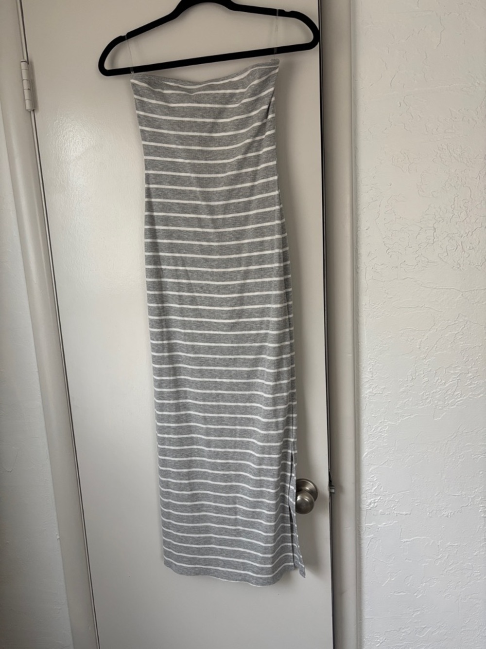 See You Monday Gray and White Striped Strapless Maxi Dress